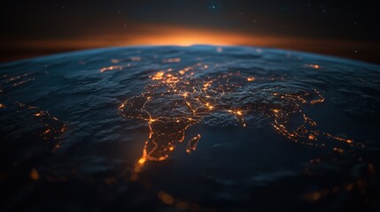 Fototapete - 3D business network concept with international trade routes glowing across continents.