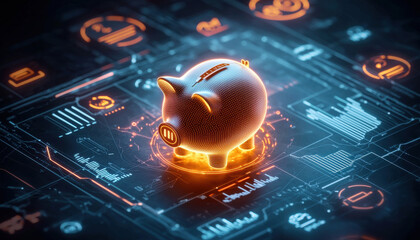 Poster - glowing piggy bank symbolizes finance and savings in digital world