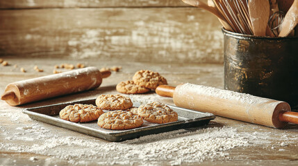 Freshly baked cookies on rustic kitchen counter with flour and utensils