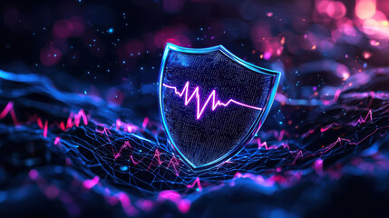 Poster - Digital shield symbolizing cybersecurity with vibrant colors and data waves