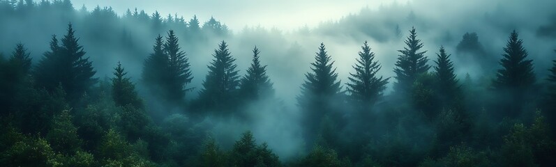 Poster - Misty forest landscape with tall trees and soft, diffused light in the background.