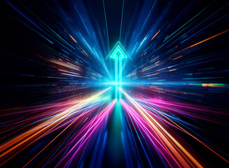 Aufkleber - A double exposure image features an arrow of vibrant light streaks pointing upwards against a dark backdrop.  A dynamic composition suggests speed and forward motion.