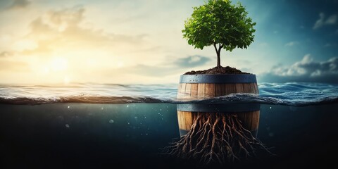 Wall Mural - Life's Foundation: A vibrant tree rooted in a weathered barrel, afloat on tranquil water, symbolizing growth and sustainability. Reflecting on the interconnectedness of nature.