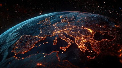 Fototapete - A digital Earth with real-time trade connections and financial hubs illuminated in blue.