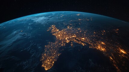 Fototapete - A digital Earth with real-time trade connections and financial hubs illuminated in blue.