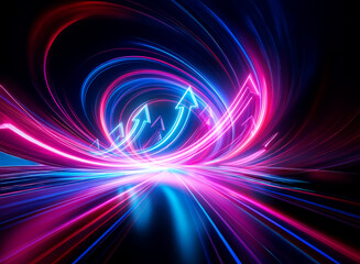 Wall Mural - vibrant double exposure image with swirling neon light trails forming arrows pointing upwards agains
