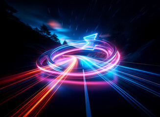 Aufkleber - vibrant double exposure art featuring a neon arrow spiraling with dynamic blue and red light trails 