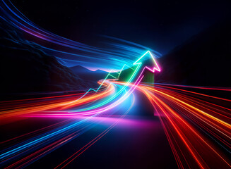 Poster - A vibrant double exposure image featuring a neon arrow pointing upwards, overlaid with dynamic streaks of colorful light against a dark backdrop with mountain silhouettes.