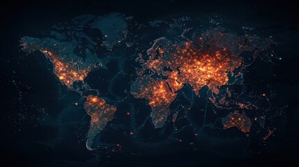 Fototapete - A futuristic world map with glowing trade routes, symbolizing international business and economic connections.
