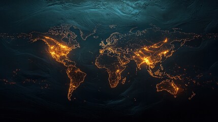 Fototapete - A futuristic world map with glowing trade routes, symbolizing international business and economic connections.