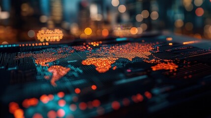 Fototapete - A high-tech financial world map with blockchain trade networks and international markets.