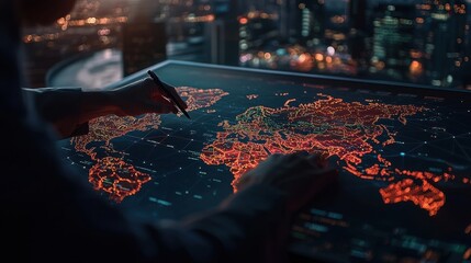 Fototapete - A high-tech financial world map with blockchain trade networks and international markets.
