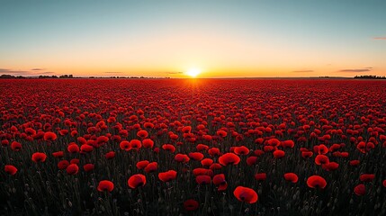 Poster - A vibrant field of red flowers under a sunset sky, creating a picturesque landscape.