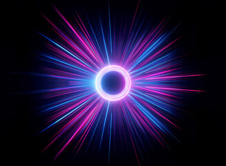 Poster - A vibrant burst of neon light emanates from a central glowing ring. Pink and blue rays shoot outwards against a dark backdrop, creating a dynamic and abstract design.