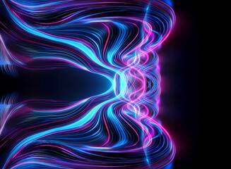 Wall Mural - abstract glowing lines of blue and pink flow dynamically against a dark backdrop, creating a symmetr