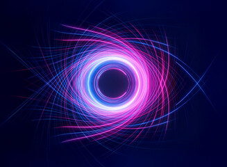 Fototapete - Abstract digital art featuring a circular shape with dynamic pink and blue light trails swirling around it, set against a dark blue backdrop, creating a futuristic and energetic feel.
