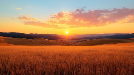 Poster - Vibrant sunset over golden wheat fields with rolling hills in the background.