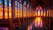 © MAKASIHMAS SIDNEY - Church interior with stained glass. Sunlight beams on polished floor.  Possible use Religious, travel