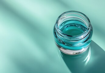 Poster - Clear glass jar filled with blue liquid on a mint green surface casting soft shadows in bright light for creative artistic presentations