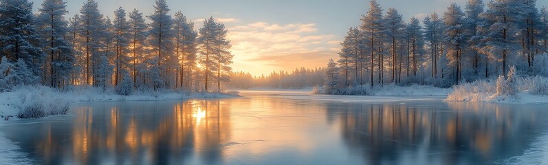Poster - Winter landscape with a serene river reflecting a sunset, surrounded by snow-covered trees.