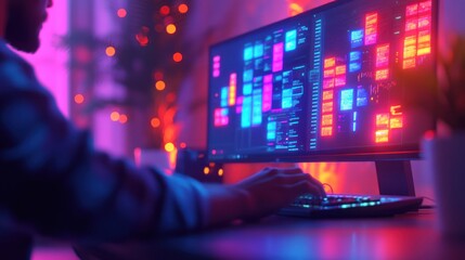 Programmer coding late, neon room, data screen