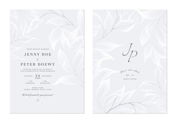 Wall Mural - Wedding invitation and save the date template set of delicate, translucent white leaves on a soft grey background. The style is classic, romantic, and understated