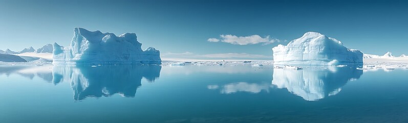 Poster - A serene polar landscape featuring large icebergs reflected in calm, blue waters under a clear sky.