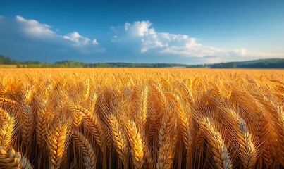 Poster - Golden wheat field under a blue sky with fluffy clouds in the background.