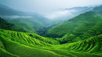 Poster - Lush green rice terraces stretch across misty mountains, showcasing nature's beauty and agricultural harmony.