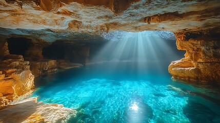 Poster - Serene cave with crystal-clear water illuminated by sunlight streaming through openings.