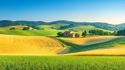 Poster - Serene countryside landscape with rolling hills, golden fields, and a charming farmhouse under a clear blue sky.