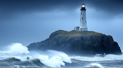 Aufkleber - Lighthouse on a rocky cliff amidst stormy waves and cloudy skies.