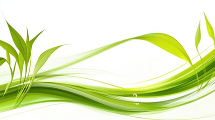 Wall Mural - Elegant green abstract design featuring flowing lines and bamboo leaves on a light background