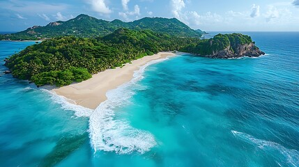 Poster - Tropical island with lush greenery and turquoise waters under a clear sky.