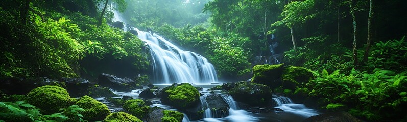 Poster - A serene waterfall cascades through lush greenery in a tranquil forest setting.