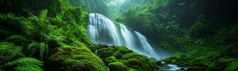 Aufkleber - Lush green landscape featuring a cascading waterfall surrounded by dense foliage.