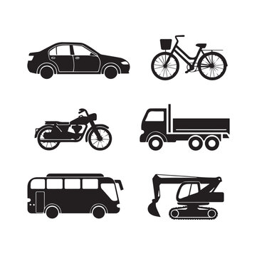 Modern Simple Vehicles (Car, Bicycle, etc.) Different Silhouette Vector on a White Background