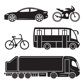 Different type Simple Modern Vehicles (Car, Bicycle, etc.) Silhouette Vector on a White Background
