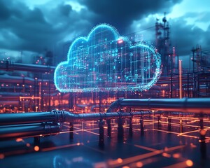 Leinwandbilder - Dynamic illustration of cloud computing linked to pipes, symbolizing Industry 40, automation, data pipelines, and machine learning processes within digital infrastructure