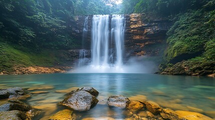 Poster - Lush waterfall cascading into a serene pool surrounded by greenery and rocks.