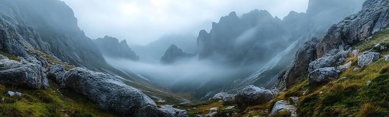 Poster - Misty mountains enveloped in fog, showcasing a serene and mysterious landscape.