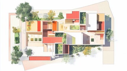 Aufkleber - Architectural Top-Down View of a Modern House with Geometric Shapes and Green Spaces