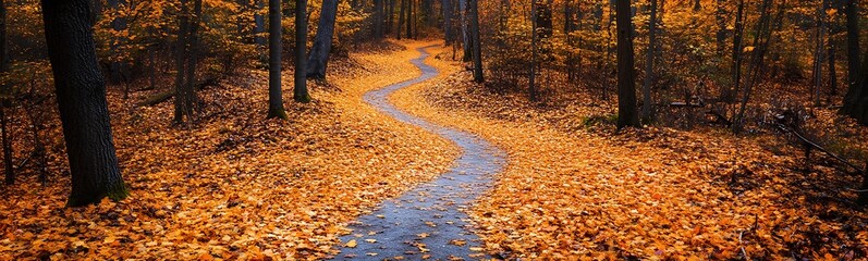 Aufkleber - A winding path through a serene autumn forest covered in vibrant orange leaves.