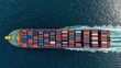 © jirapong - Aerial Top Down View of a Large Container Ship at Sea Featuring Rows of Red and Blue Containers with White Wake in Deep Blue Ocean Water