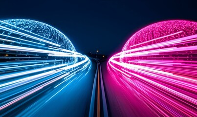 Poster - Digital globe with luminous light trails, modern office table setting, vibrant technology theme, global connectivity representation.