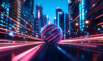 Poster - Digital globe illuminated by vibrant light trails, set against a sleek office table, symbolizing global connectivity and innovation.