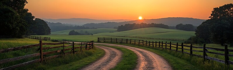 Poster - Winding dirt road through lush fields at sunset, creating a serene landscape.