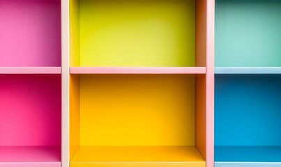 Poster - Vibrant Colorful Display on Empty Shelf, a close-up view showcasing an empty white shelf filled with bright, strikingly colorful objects.