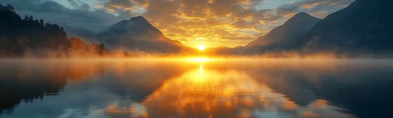 Poster - Serene sunrise over misty mountains reflecting in a tranquil lake.