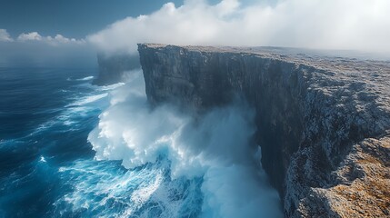 Poster - Majestic cliffs meet crashing waves under a misty sky, creating a dramatic coastal scene.